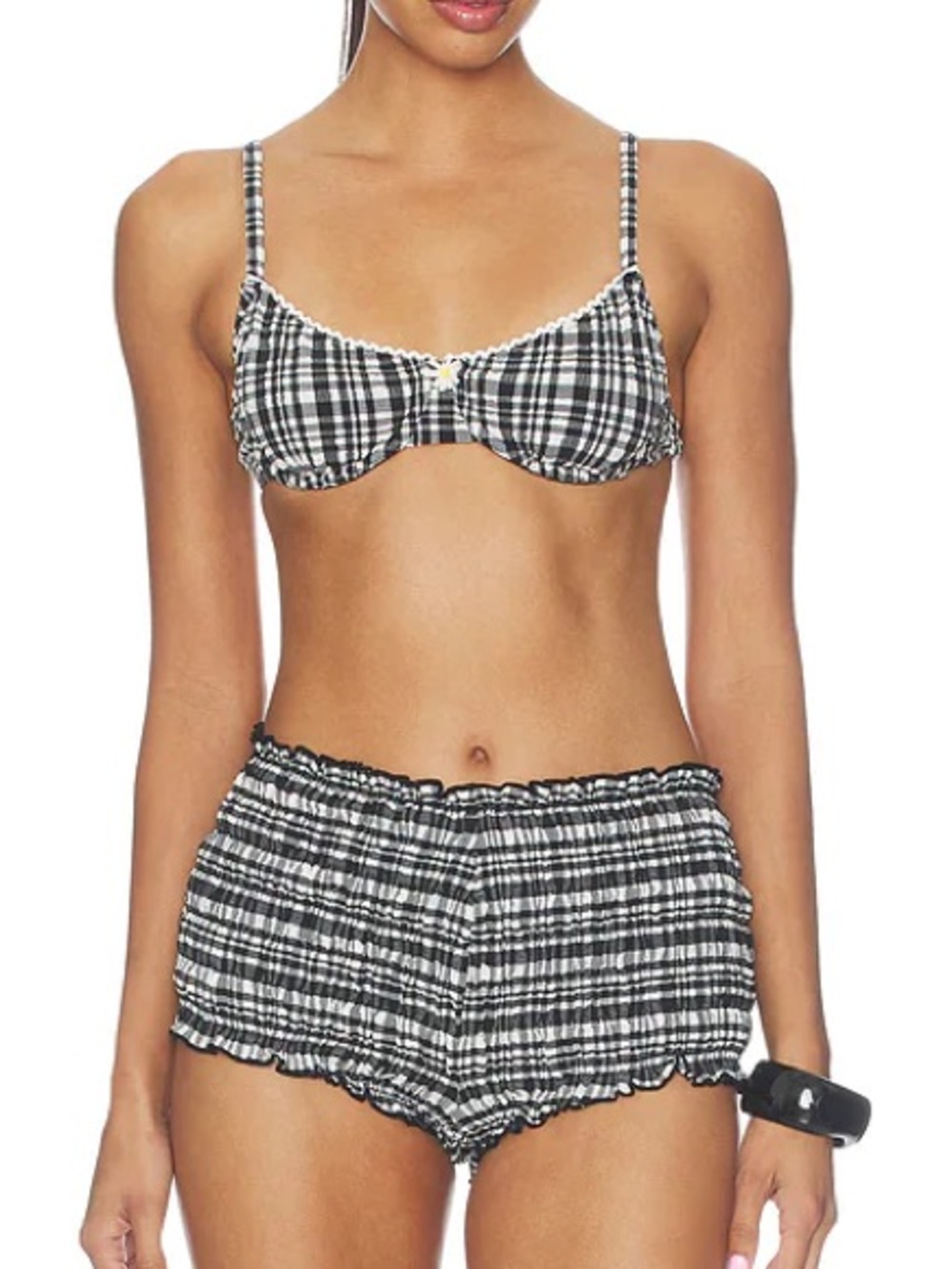 Solid & Striped Mimi Short Daphne Top Bikini Smocked Puckered Black White Plaid
